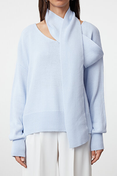 Trendyol Collection Pulover de tricotaj de bază cu eșarfă albastră TWOAW25KZ00067