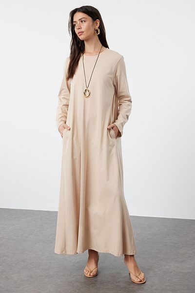 Trendyol Modest Μπεζ βαμβακερό oversize μονό φόρεμα ζέρσεϊ - Λεπτομέρειες τσέπης TCTSS24EB00248