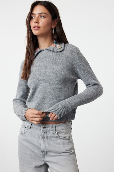 Trendyol Collection Flower Patterned Gray Knitwear Sweater - Collar Detailed TWOAW25KZ00166