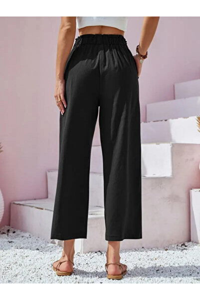 Moka Shopin Linen Short Wide Leg Trousers - Waist Drawstring and Button Detail