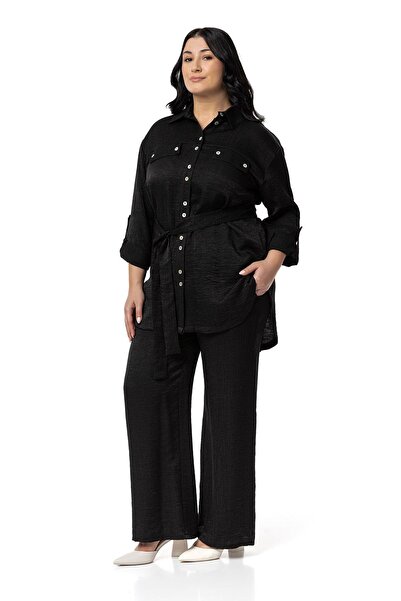 DISENTIS MODEST Plus Size Black Shirt and Trousers Set - Shimmering Fabric