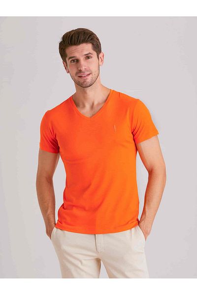 Dufy Orange Men's Slim Fit Plain V Neck T-shirt - 49291