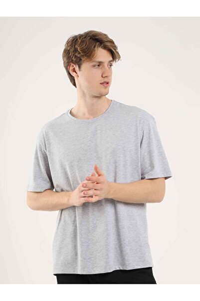 Dufy Gray Melange Men's Oversize Plain Crew Neck T-shirt - 70918