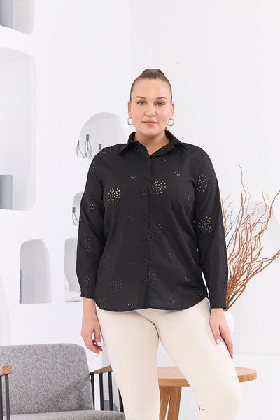 RMG Plus Size Black Shirt - Perforated and Lace Detailed