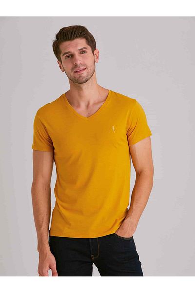 Dufy Men's Slim Fit Mustard V-Neck T-Shirt - 36427