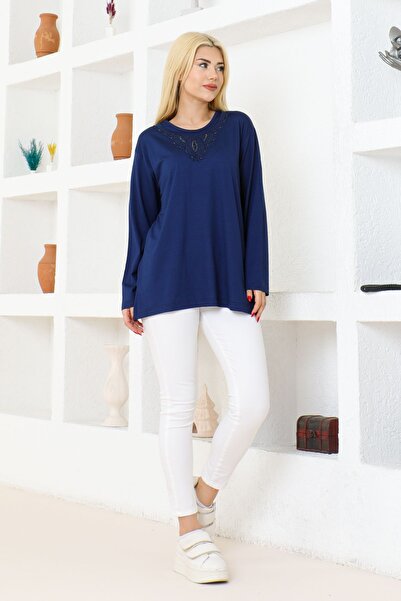 nacar çarşı Kadın Mavi Likralı Uzun Kol Önü Desenli Anne Penye Bluz Anneler Günü Özel Gün