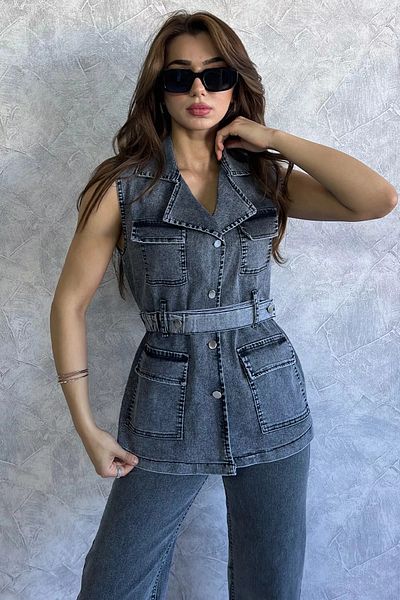 GÜLSELİ Women's Anthracite Lycra Jean Denim Vest - With Pockets and Waist Belt