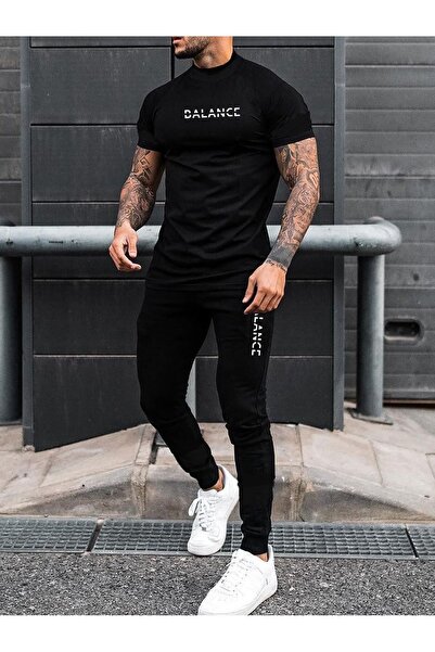 coolart Balance Kesik T-Shirt Φούτερ Παντελόνι Jogger - Μαύρο Σετ Φόρμας με Σ...