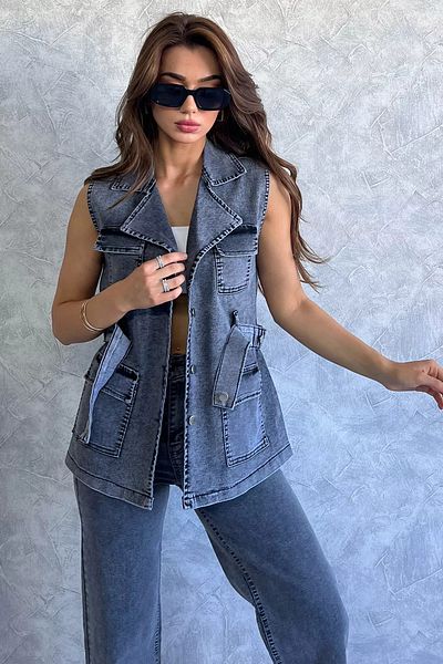 GÜLSELİ Women's Anthracite Lycra Jean Denim Vest - With Pockets and Waist Belt
