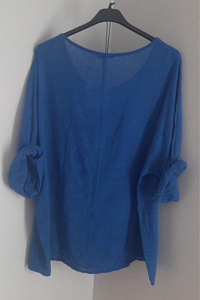 AYASOFYA OTANTIK Bluză de damă italiană albastră oversize casual cu accesorii colier