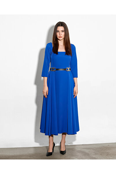 Jus De Pommes SAKS MAVİ KEMERLİ PİLELİ MİDİ BOY ELBİSE