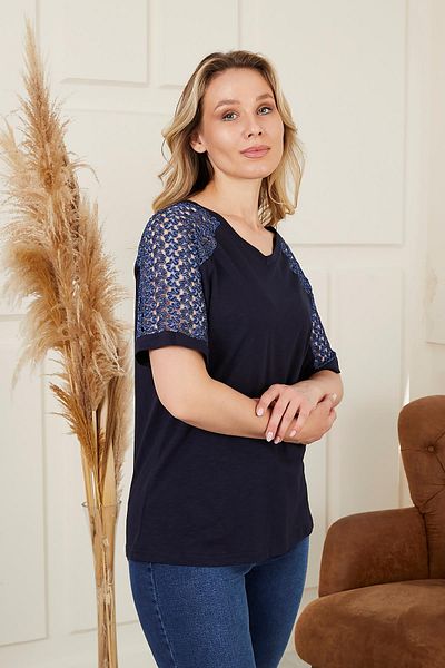 RMG Navy Blue Large Size T-Shirt - Shoulder Lace Detail