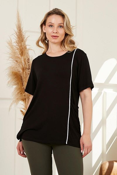 RMG Large Size Black T-Shirt with Pockets - Stripe Detail