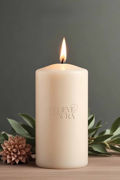 Believe Your Aura Pudra Kokulu Silindir Mum - %100 Doğal Soya Mumu Beyaz Deko...