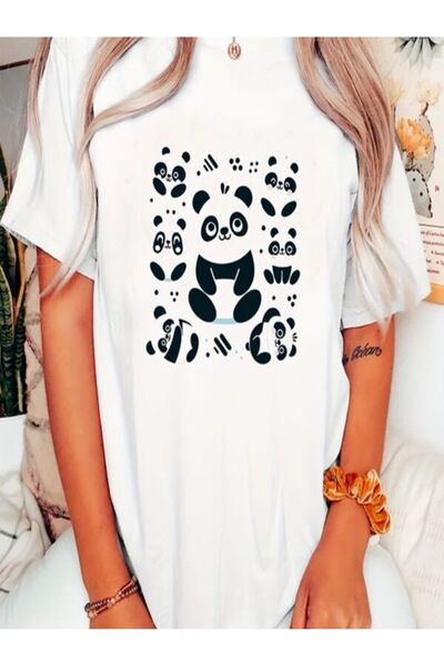 CLASSY.MODA قميص تيشرت سوبريم للنساء - أبيض مطبوع قصة فضفاضة برقبة دائرية وأك...