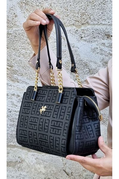 GP GUES POLO GEANT DE MÂNĂ ȘI DE UMĂR CU 4 COMPARTAMENTE, IMPRIMAT MONOGRAM NEGRU