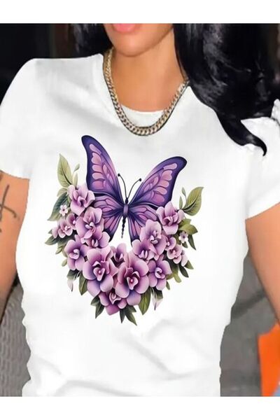 CLASSY.MODA تي شيرت نسائي من جيرسي واحد - تي شيرت أبيض مطبوع كبير الحجم بياقة...