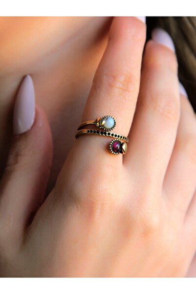 Genel Markalar İkili 3mm Doğal Taşlı Antik Kadın Yüzük Dentirit Opal Granat (Lal) Taşı euy32og