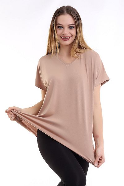 Devinka Women's Mink Large Size V-Neck Oversize Basic T-shirt