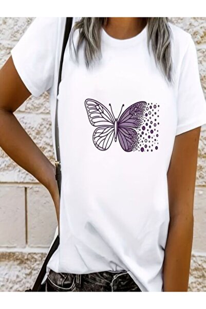 CLASSY.MODA تي شيرت نسائي من جيرسي واحد - تي شيرت أبيض مطبوع كبير الحجم بياقة...