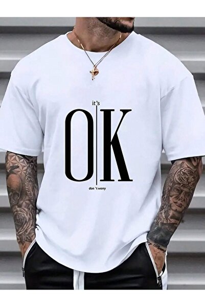 coolart Tricou Ok Dont Worry - Tricou supradimensionat cu imprimeu alb, cu mâ...