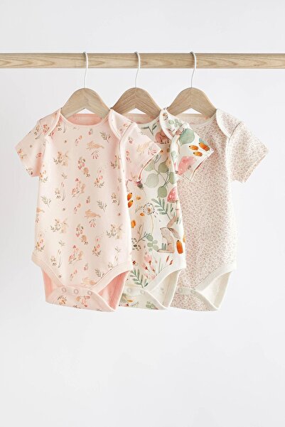 Next Baby Cotton Pink Rabbit Patterned Short Sleeve 3Piece Body Bodysuit Set