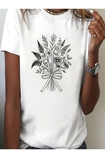 CLASSY.MODA تي شيرت نسائي من جيرسي واحد - تي شيرت أبيض مطبوع كبير الحجم بياقة...