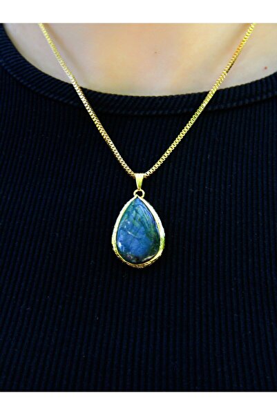 esha حجر لابرادوريت الطبيعي - قلادة نسائية بسلسلة 40 سم، euk20l