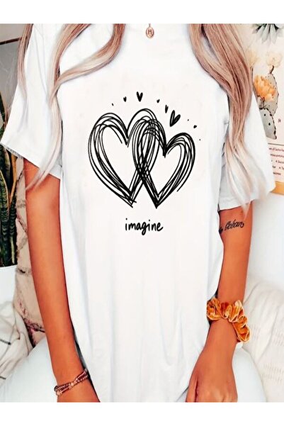 CLASSY.MODA تي شيرت نسائي من جيرسي واحد - تي شيرت أبيض مطبوع كبير الحجم بياقة...