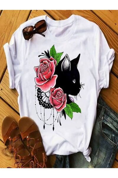 CLASSY.MODA Μπλουζάκι με στάμπα λευκής γάτας - Crew Neck, κοντό μανίκι