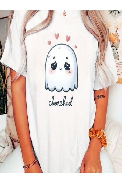 CLASSY.MODA تي شيرت نسائي من جيرسي واحد - تي شيرت أبيض مطبوع كبير الحجم بياقة...