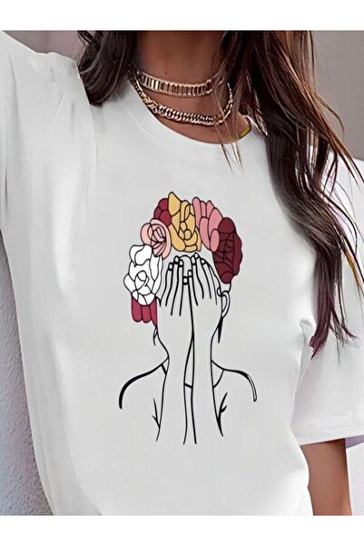 CLASSY.MODA تي شيرت نسائي من جيرسي واحد - تي شيرت أبيض مطبوع كبير الحجم بياقة...