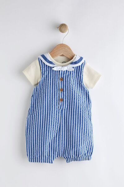 Next Baby Cotton Blue Stripe Patterned Sailor Salopet Body Bodysuit Set