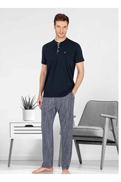 Jiber erkek patlı jakarlı lacivert pijama takımı