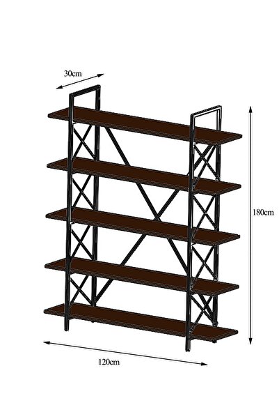 Tiryaki Aksesuar Metal Paris Kitaplık 5 Raflı Ceviz 120 cm Büyük Ölçü Raf Ceviz