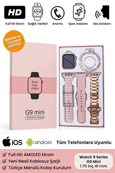 Burj G9 Mini Rose Gold Smart Watch 41 mm 4 Kordon ve Bileklik Hediyeli Akıllı...