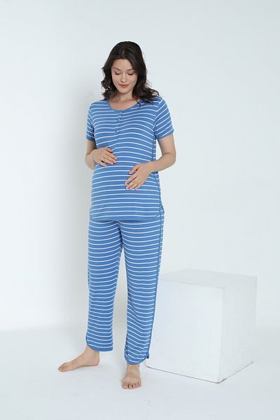 Miss Dünya Lissa Striped Crew Neck Short Sleeve Pajamas Set for Pregnant and Maternity Suitable for Breastfeeding