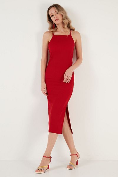 Lela Rope Strap Fitted-Body-Sitting Slit Midi Dress DRESS5865573