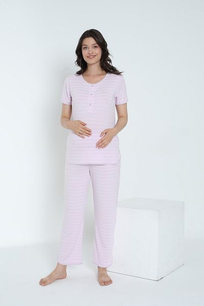Miss Dünya Lissa Striped Crew Neck Short Sleeve Pajamas Set for Pregnant and Maternity Suitable for Breastfeeding