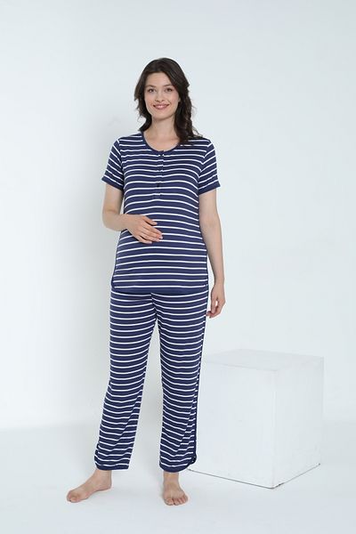Miss Dünya Lissa Striped Crew Neck Short Sleeve Pajamas Set for Pregnant and Maternity Suitable for Breastfeeding