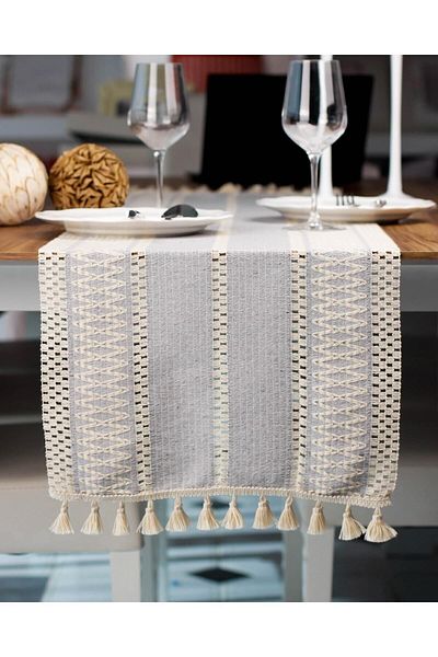 Tropikhome 35x155 Cm Organic Cotton Tasseled Tablecloth Runner