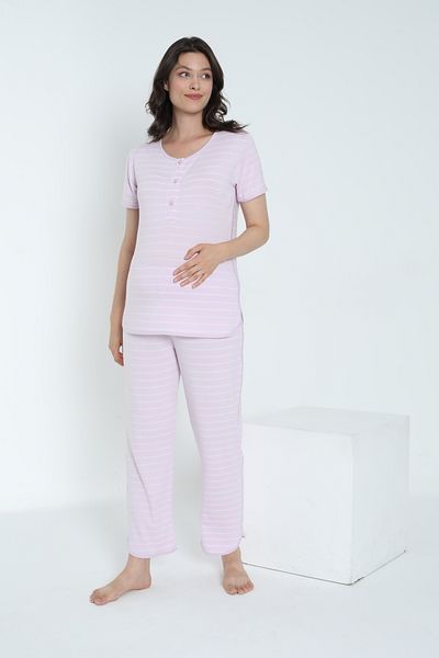 Miss Dünya Lissa Striped Crew Neck Short Sleeve Pajamas Set for Pregnant and Maternity Suitable for Breastfeeding