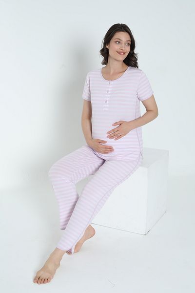 Miss Dünya Lissa Striped Crew Neck Short Sleeve Pajamas Set for Pregnant and Maternity Suitable for Breastfeeding