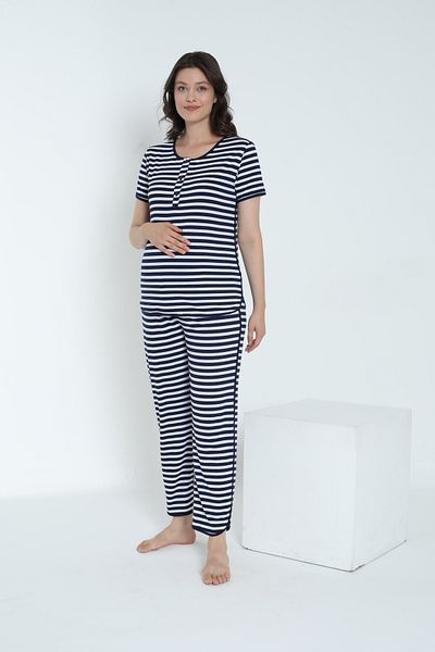 Miss Dünya Lissa Striped Crew Neck Short Sleeve Pajamas Set for Pregnant and Maternity Suitable for Breastfeeding
