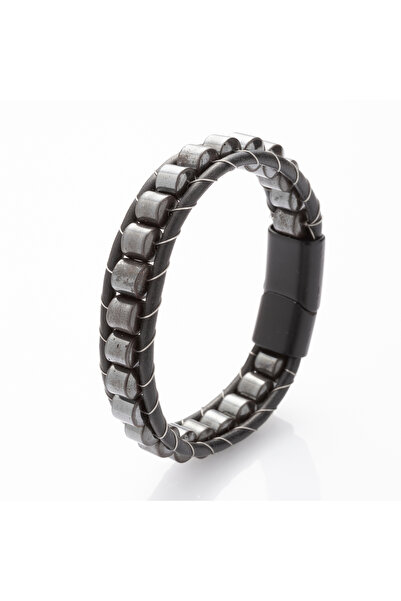 toptanhanem Cylinder Anthracite Hematite Stone Men's Fashion Bracelet - Natur...