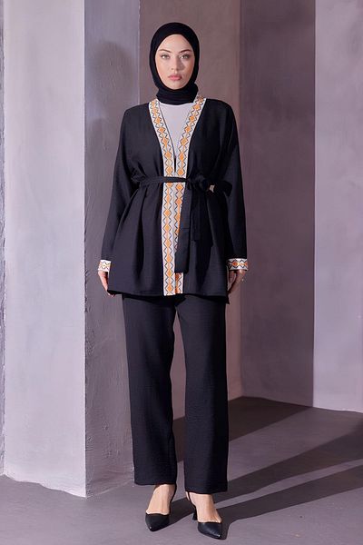 Bold Grup Women's Ethnic Striped Kimono Trousers Linen Double Base Set