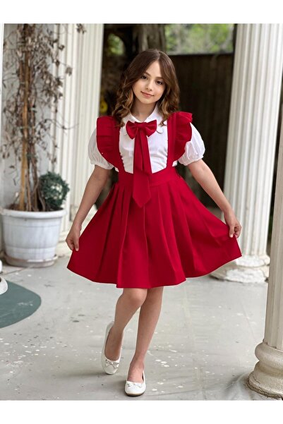 Sahil Collection Tak Çıkart Fiyonk Gravat Aksesuarlı Gömlek Li Kırmızı Kız Çocuk Elbise Takım (TASARIM)