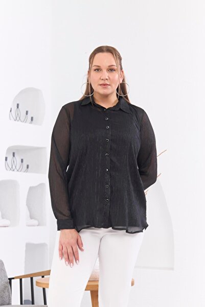 RMG Plus Size Chiffon Shirt - Glitter, Long Sleeve