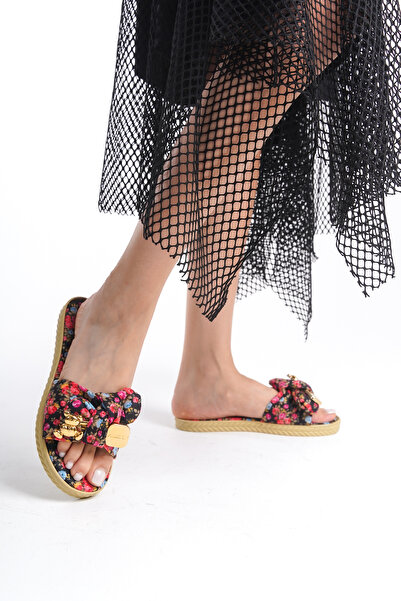 Moda Değirmeni Women's Ribbon Black Floral Patterned Slippers - BG1166-122-0004