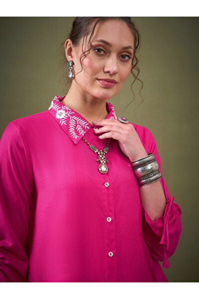 Sassafras By Styli Collar Embroidered Shirt & Palazzo Set